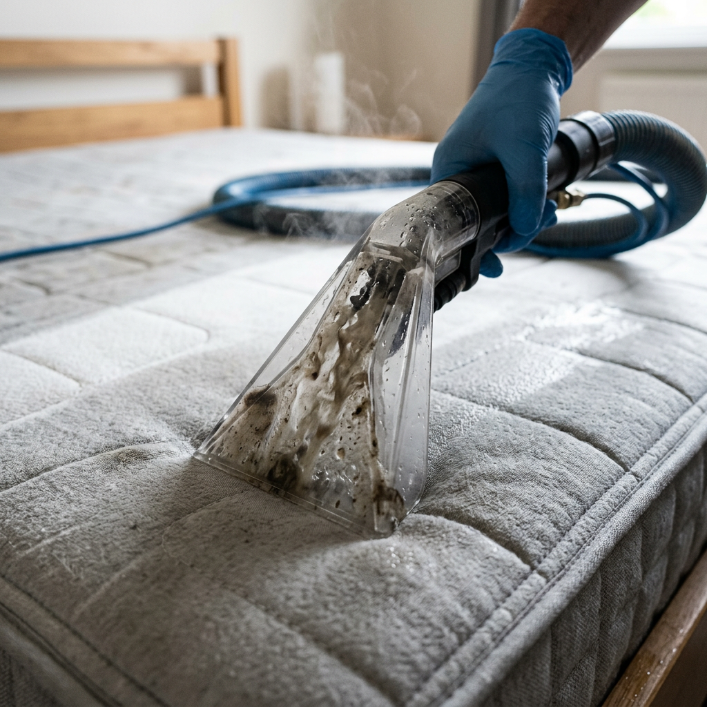 Steam cleaner removing dirt and stains from a mattress surface