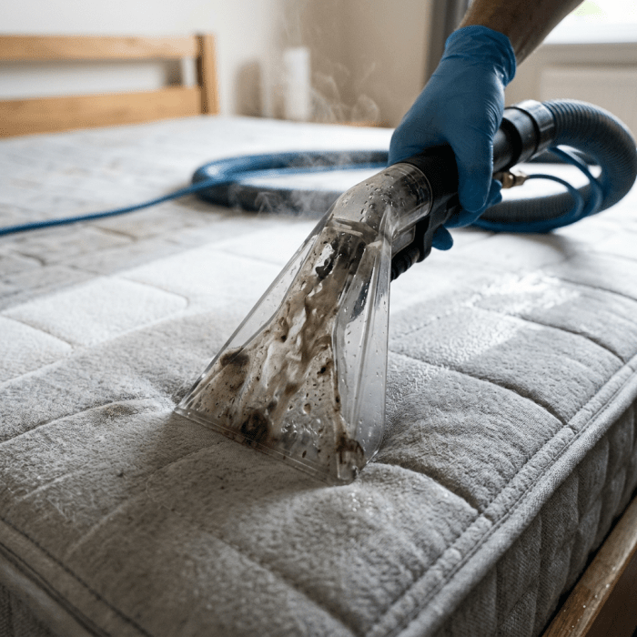 Steam cleaner removing dirt and stains from a mattress surface