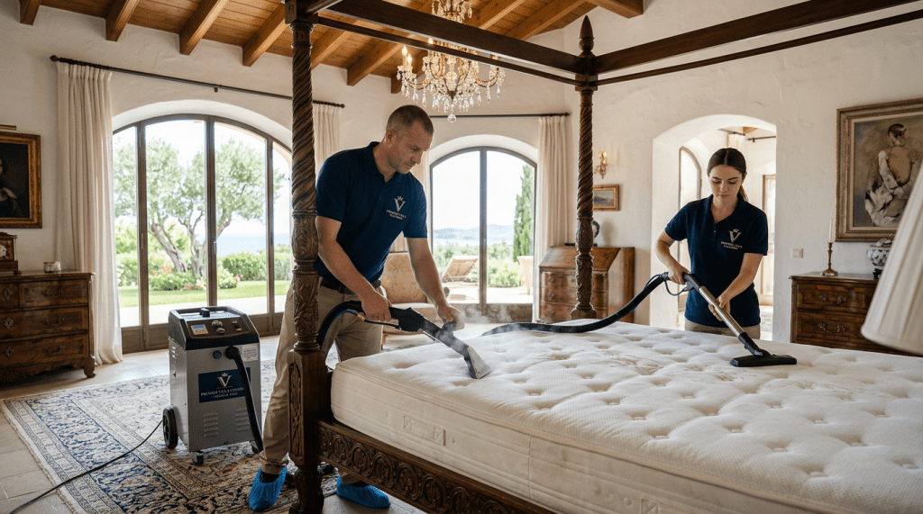 Two cleaning technicians using steam vacuum equipment to clean a mattress in a bright bedroom