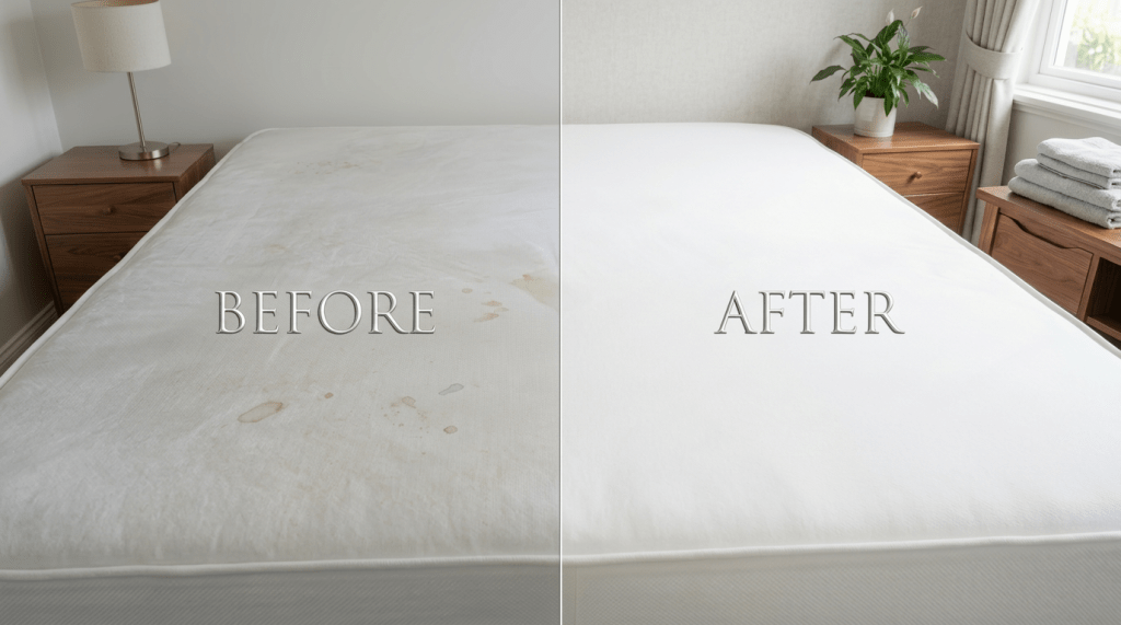 Side-by-side comparison of a heavily stained mattress and the same mattress cleaned and spotless