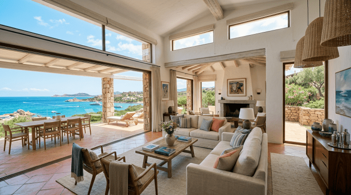Living room with cream sofas, wooden furniture, and large open sliding doors revealing terrace and ocean