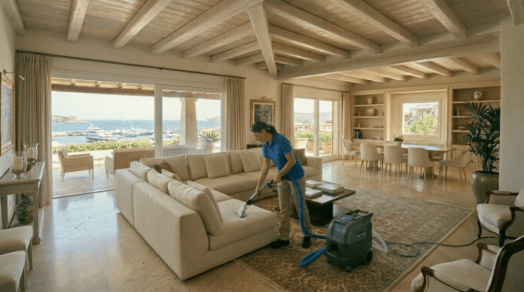 Two cleaners vacuuming and cleaning a beige sectional sofa and armchairs in a spacious living room overlooking the ocean