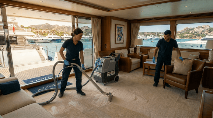 Two men cleaning carpet with professional equipment inside a yacht lounge