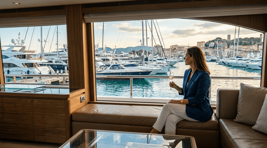 A woman in a blue blazer and white pants sitting inside a yacht, holding a glass of champagne and looking out at a marina filled with docked boats
