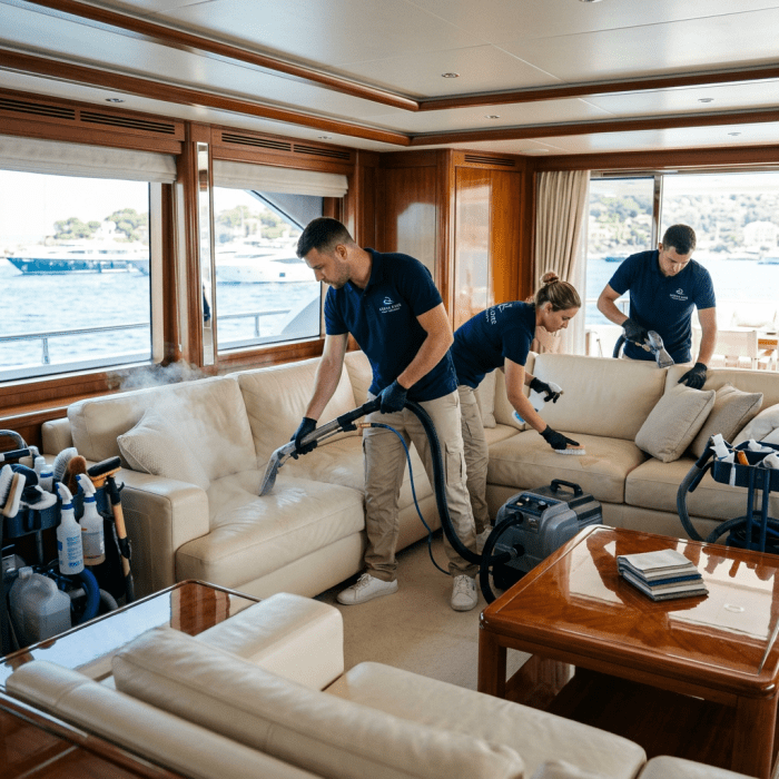 Three people cleaning and steam cleaning a white leather sofa inside a yacht